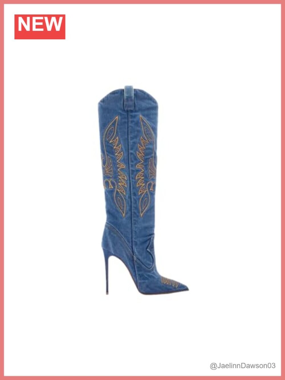 Women's Denim Stiletto Heel Knee High Boots Embroidered Pointed Toe